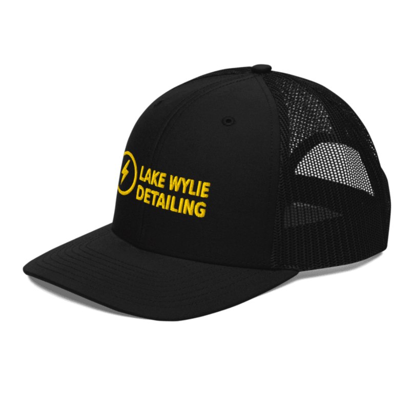 Black Richardson 112 LWD Trucker Hat with gold embroidered bolt and Lake Wylie Detailing