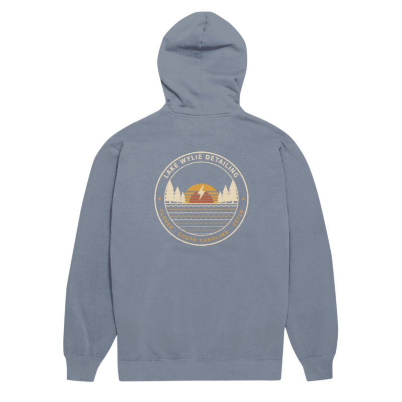 Back of the Blue Jean LWD Vintage Hoodie with the Lake Wylie Detailing sunset badge