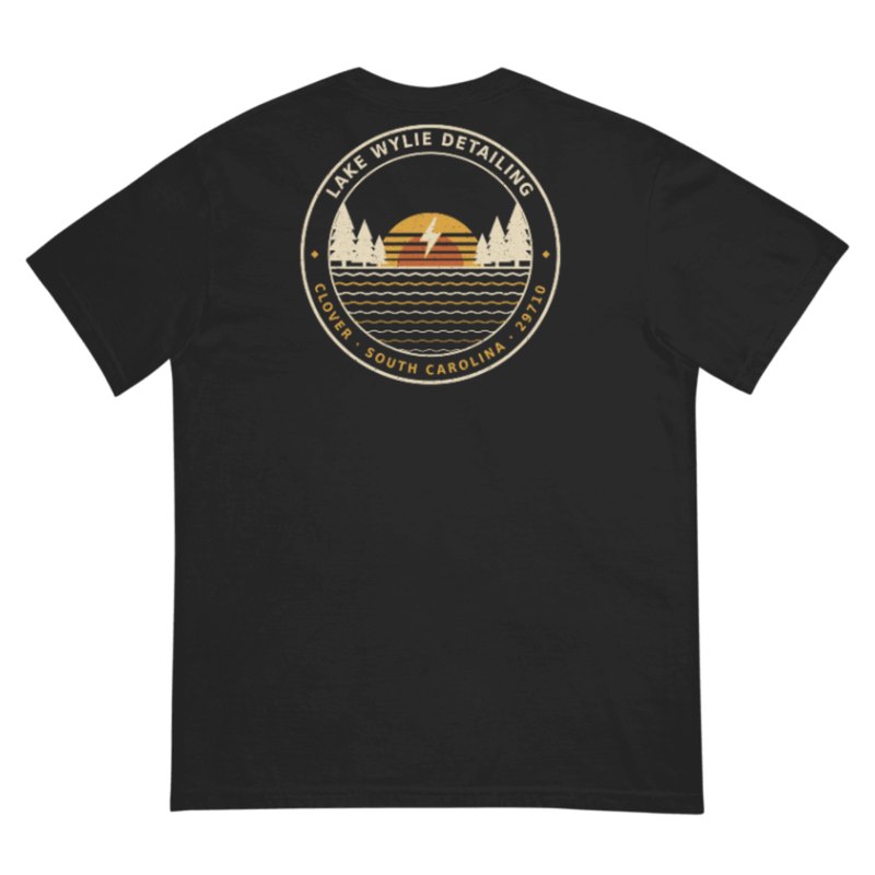Back of the black LWD Vintage Tee with the Lake Wylie Detailing sunset badge, Clover South Carolina 29710
